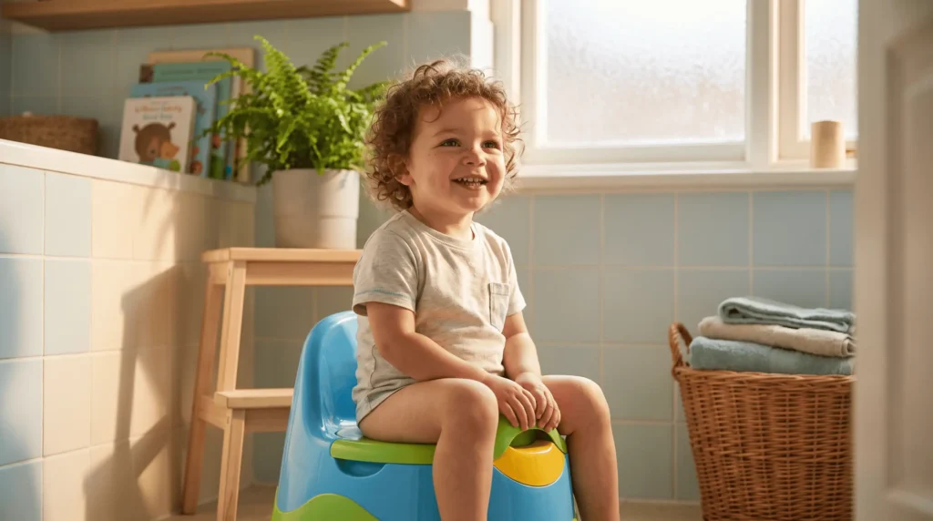 apprentissage de la propreté enfant assis sur petit pot coloré salle de bain