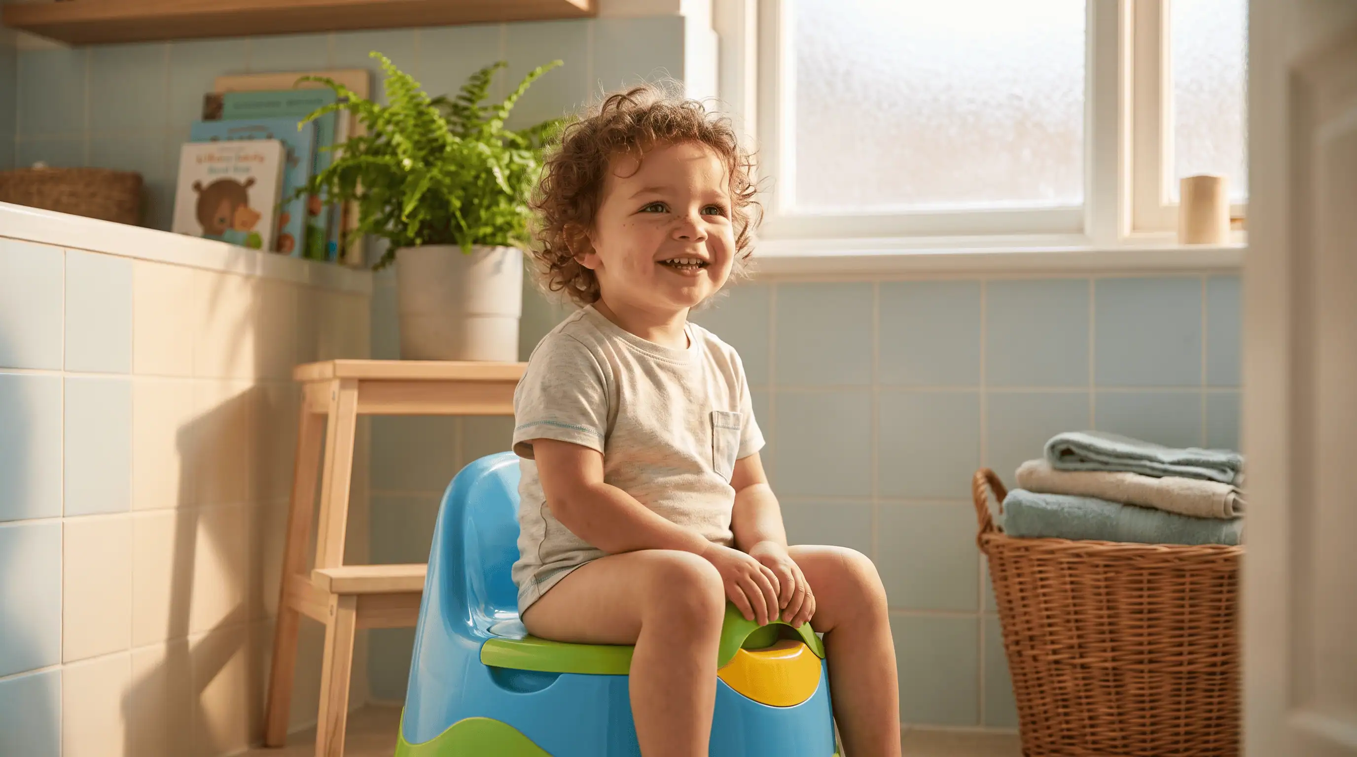 apprentissage de la propreté enfant assis sur petit pot coloré salle de bain
