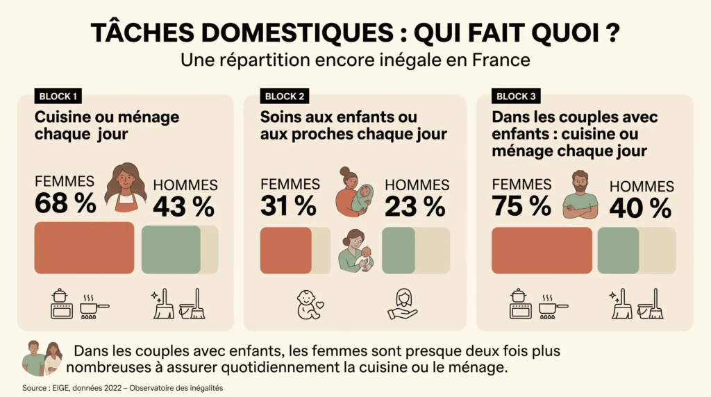 infographie inégalités répartition tâches domestiques charge mentale parentale