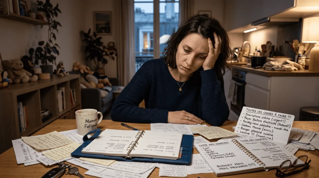 maman épuisée par la charge mentale parentale avec agenda et listes de tâches