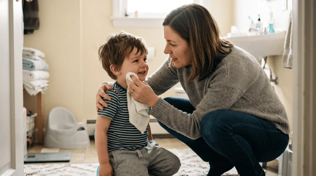 parent bienveillant console enfant après accident propreté encouragement