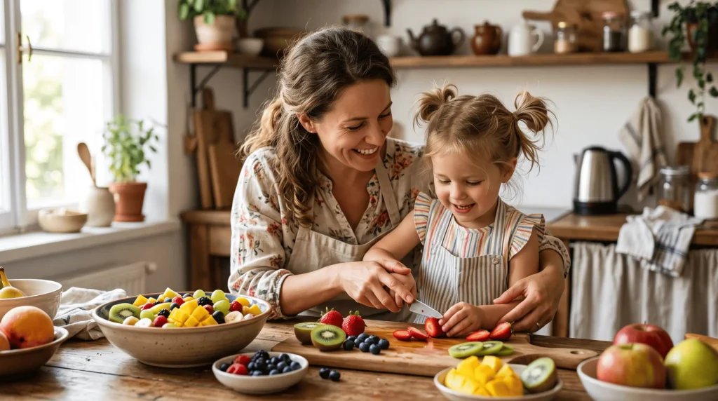 maman et enfant préparant des aliments pour renforcer l'immunité enfant en cuisine