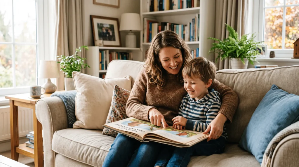 parentalité positive parent et enfant qui lisent ensemble sur un canapé
