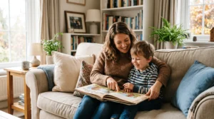 parentalité positive parent et enfant qui lisent ensemble sur un canapé