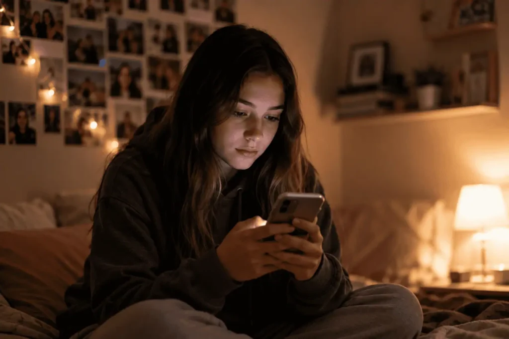 ado et réseaux sociaux, adolescente sur smartphone dans sa chambre