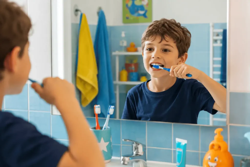 enfant 7 ans se lave les dents seul - autonomie brossage dents