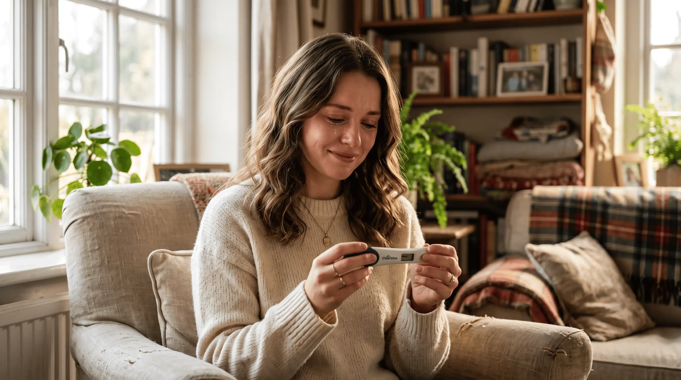 femme qui découvre les premiers signes de grossesse avec un test positif