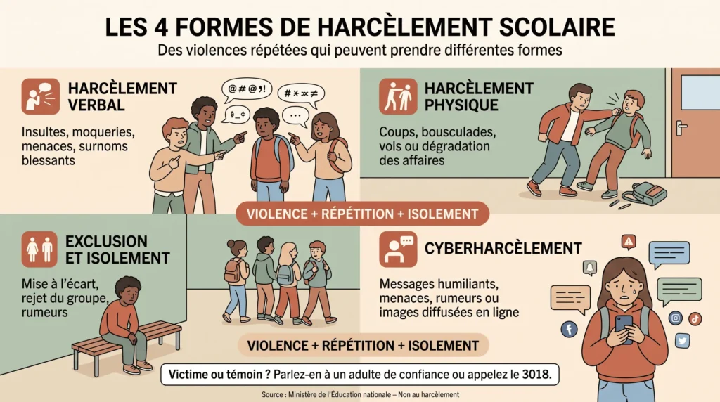 formes de harcèlement scolaire verbal physique cyberharcèlement exclusion