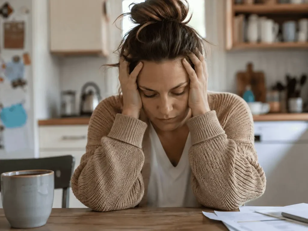 maman épuisée souffrant de burn-out parental assise dans sa cuisine