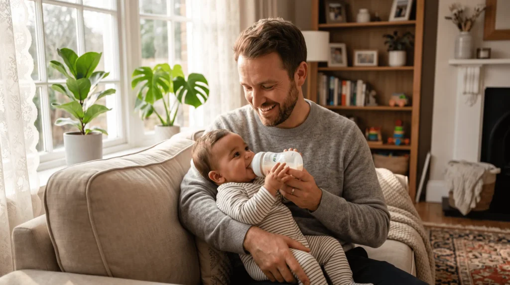 papa qui donne le biberon préparation infantile lait maternisé à son bébé