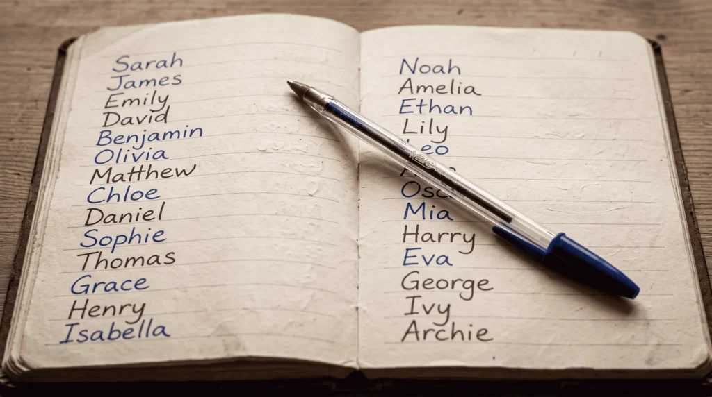 parents qui écrivent une liste de prénoms pour leur futur bébé dans un carnet