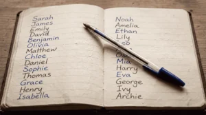 parents qui écrivent une liste de prénoms pour leur futur bébé dans un carnet