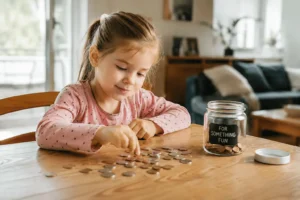 petite fille qui apprend à compter son argent de poche sur une table en bois