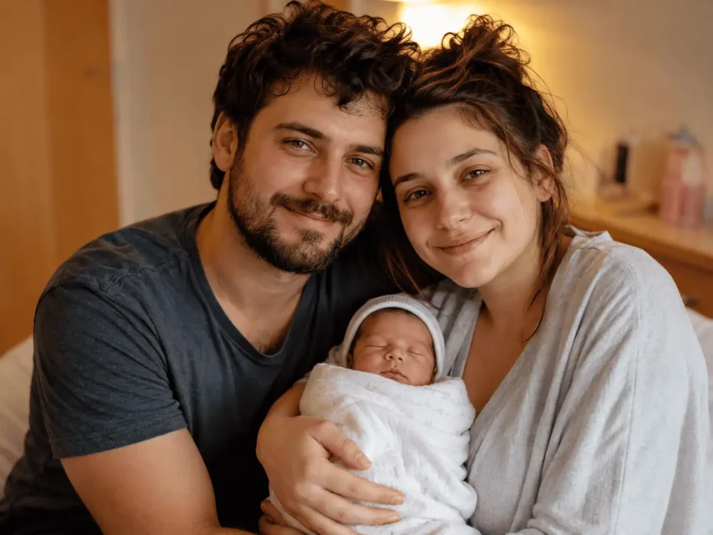vie de couple bébé – jeunes parents souriants avec leur nouveau-né