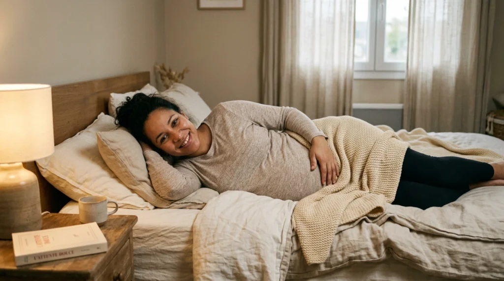 Femme enceinte qui ressent les coups de pied bébé au fil des trimestres