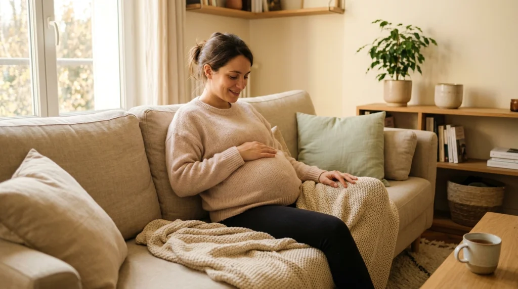 Femme enceinte qui pose sa main sur son ventre pour sentir bébé bouger