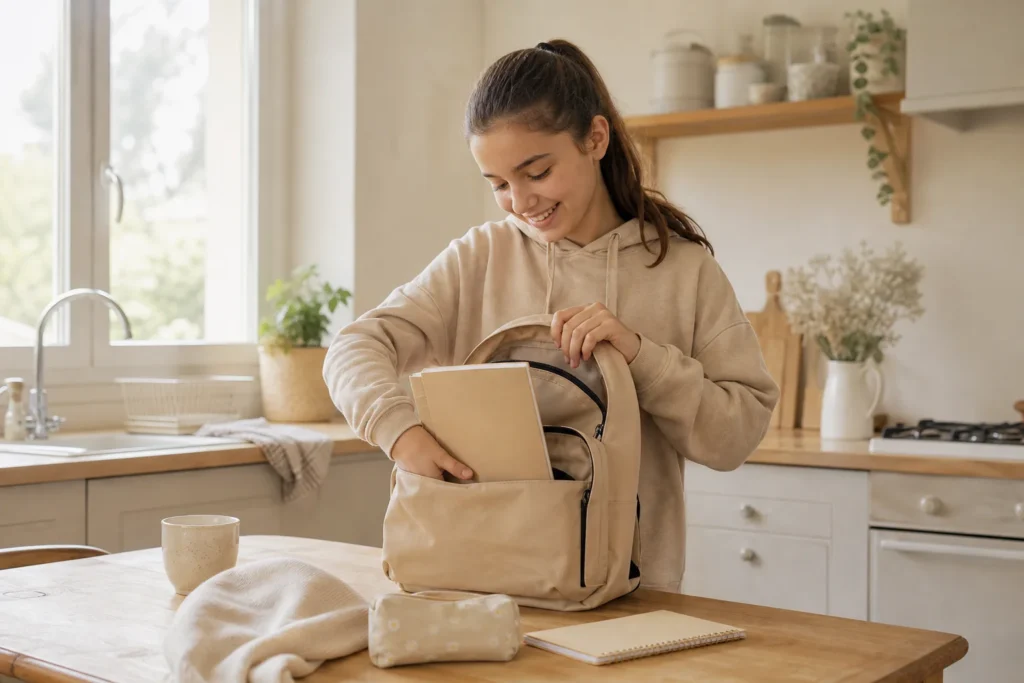 Autonomie ado illustrée par une adolescente préparant seule son sac