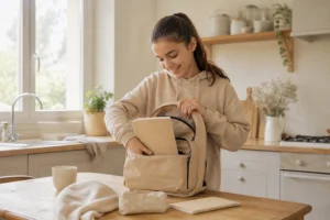 Autonomie ado illustrée par une adolescente préparant seule son sac