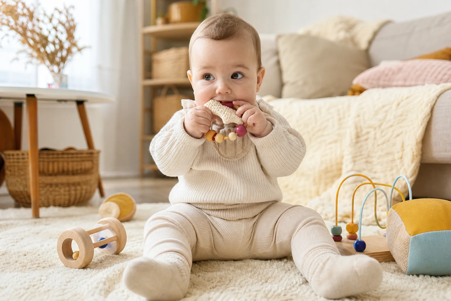 À quel âge sortent les premières dents de bébé bébé mordillant un anneau de dentition durant la poussée dentaire