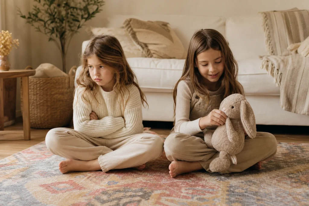 jalousie entre frères et sœurs illustrée par deux enfants sur un tapis