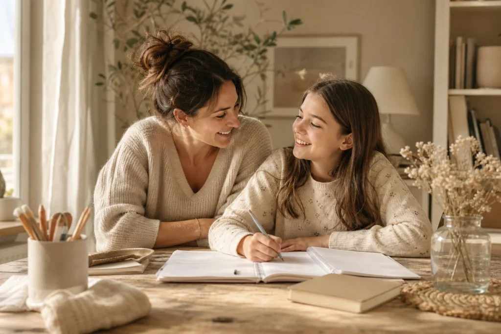 aide aux devoirs entre une maman et sa fille à la table