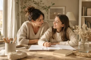 aide aux devoirs entre une maman et sa fille à la table