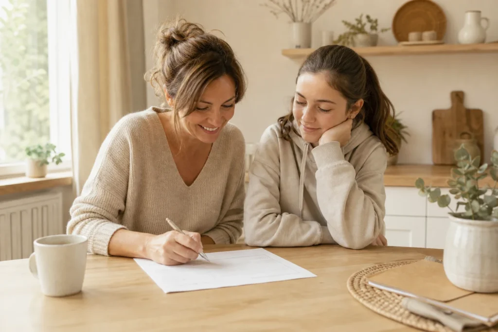 Mère rédigeant une autorisation parentale pour sa fille à la maison