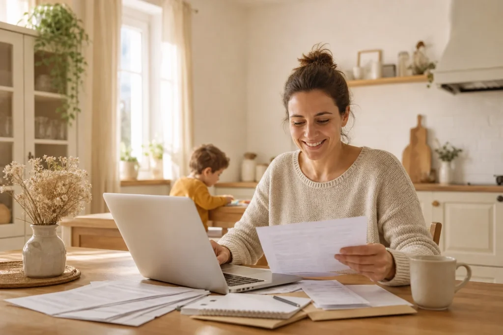 Maman organisant son budget familial à la table de la cuisine