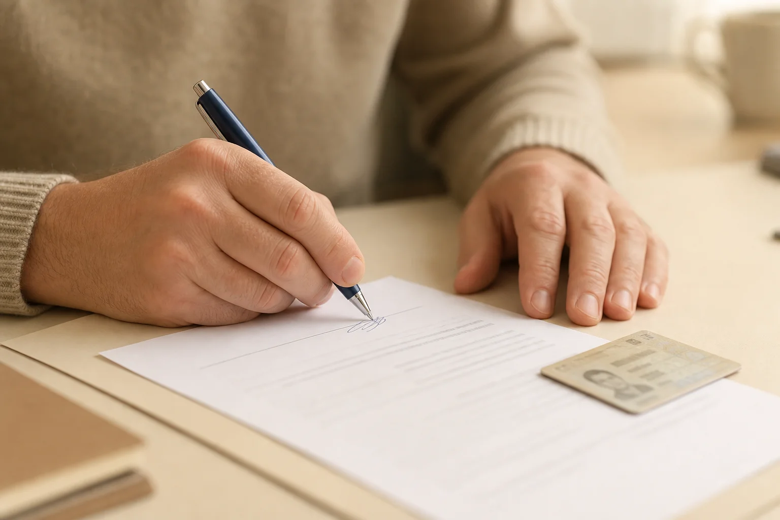 Signature d'une autorisation parentale avec pièce d'identité à proximité