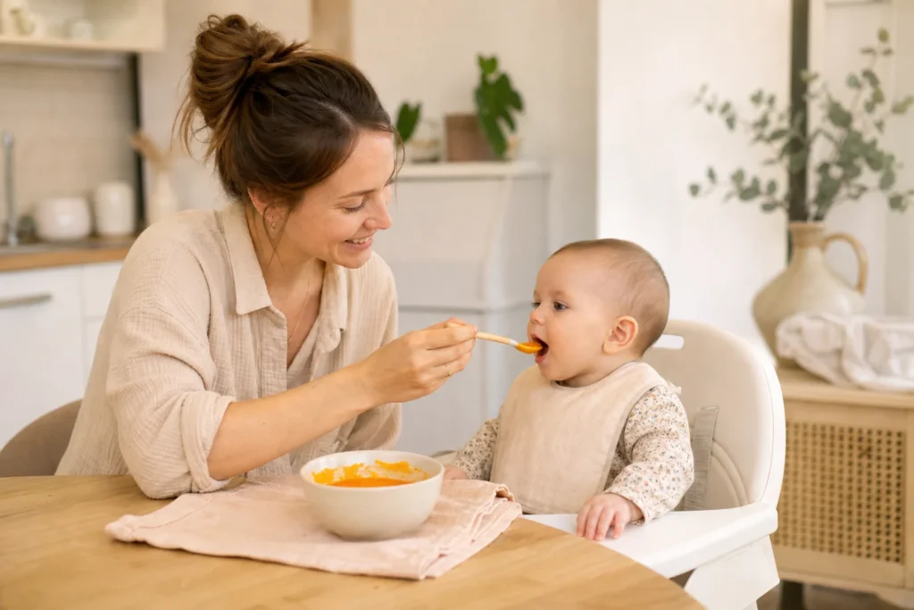 Maman démarre la diversification alimentaire avec bébé à table