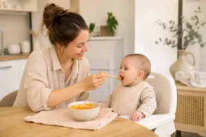 Maman démarre la diversification alimentaire avec bébé à table