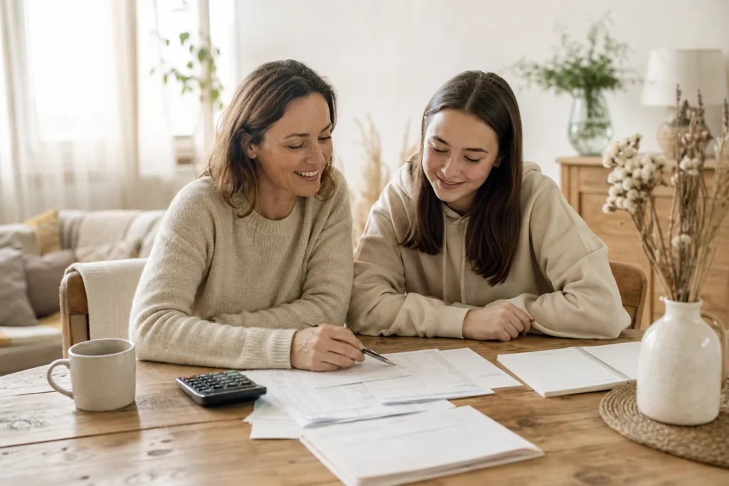 Mère et fille discutant d'une donation enfant à la maison