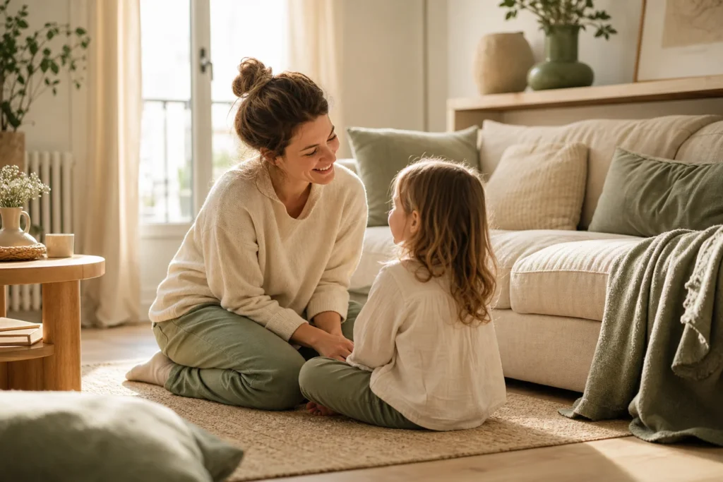 Mère pratiquant l'éducation bienveillante avec son enfant à la maison