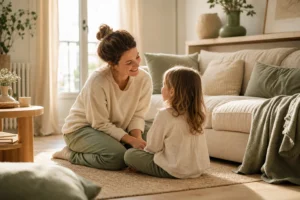Mère pratiquant l'éducation bienveillante avec son enfant à la maison