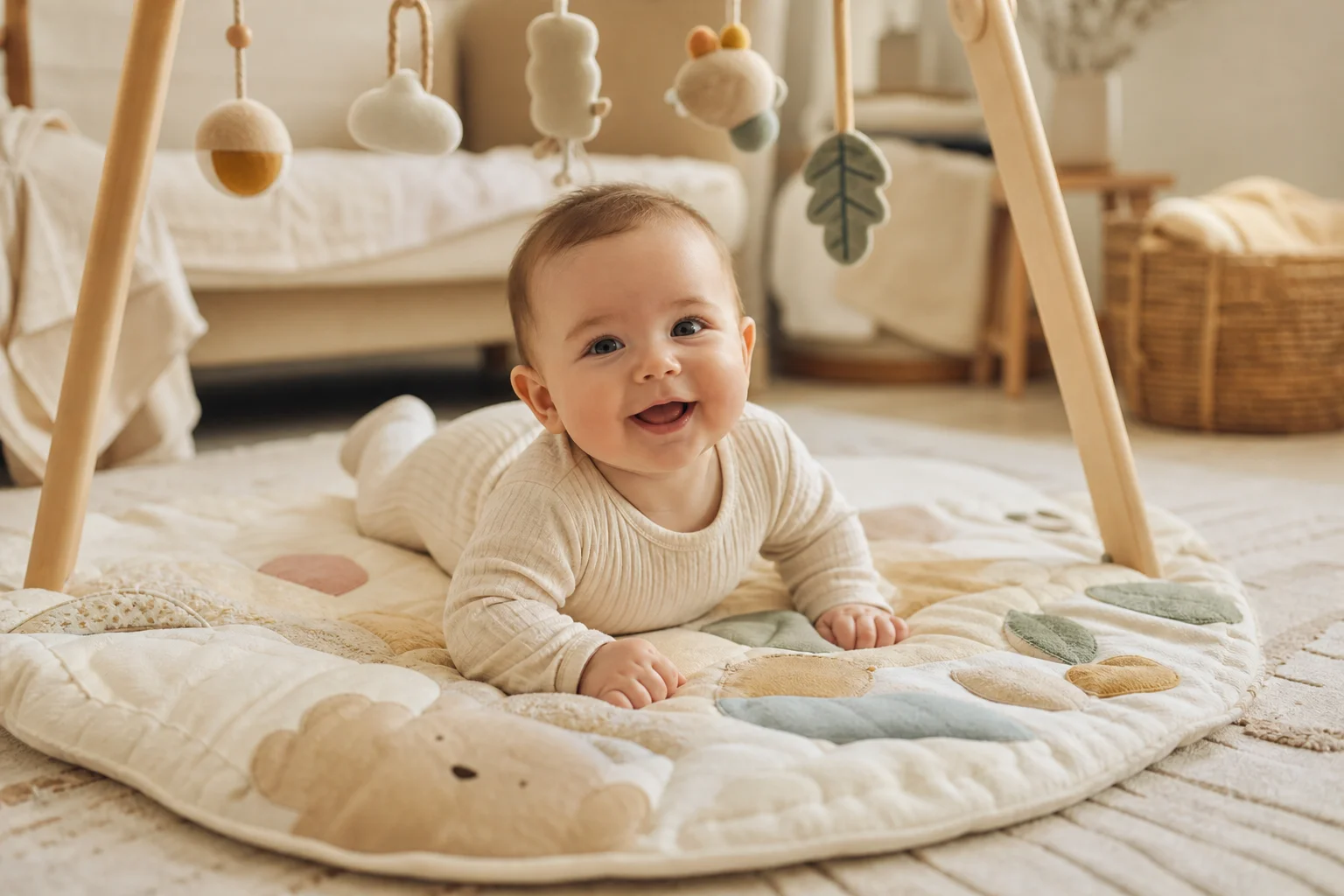 éveil sensoriel bébé sur tapis coloré avec mobile