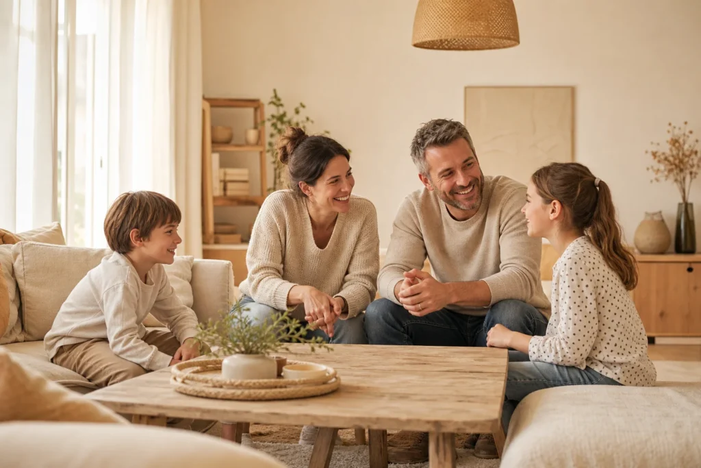famille recomposée réunie dans un salon chaleureux
