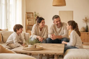famille recomposée réunie dans un salon chaleureux