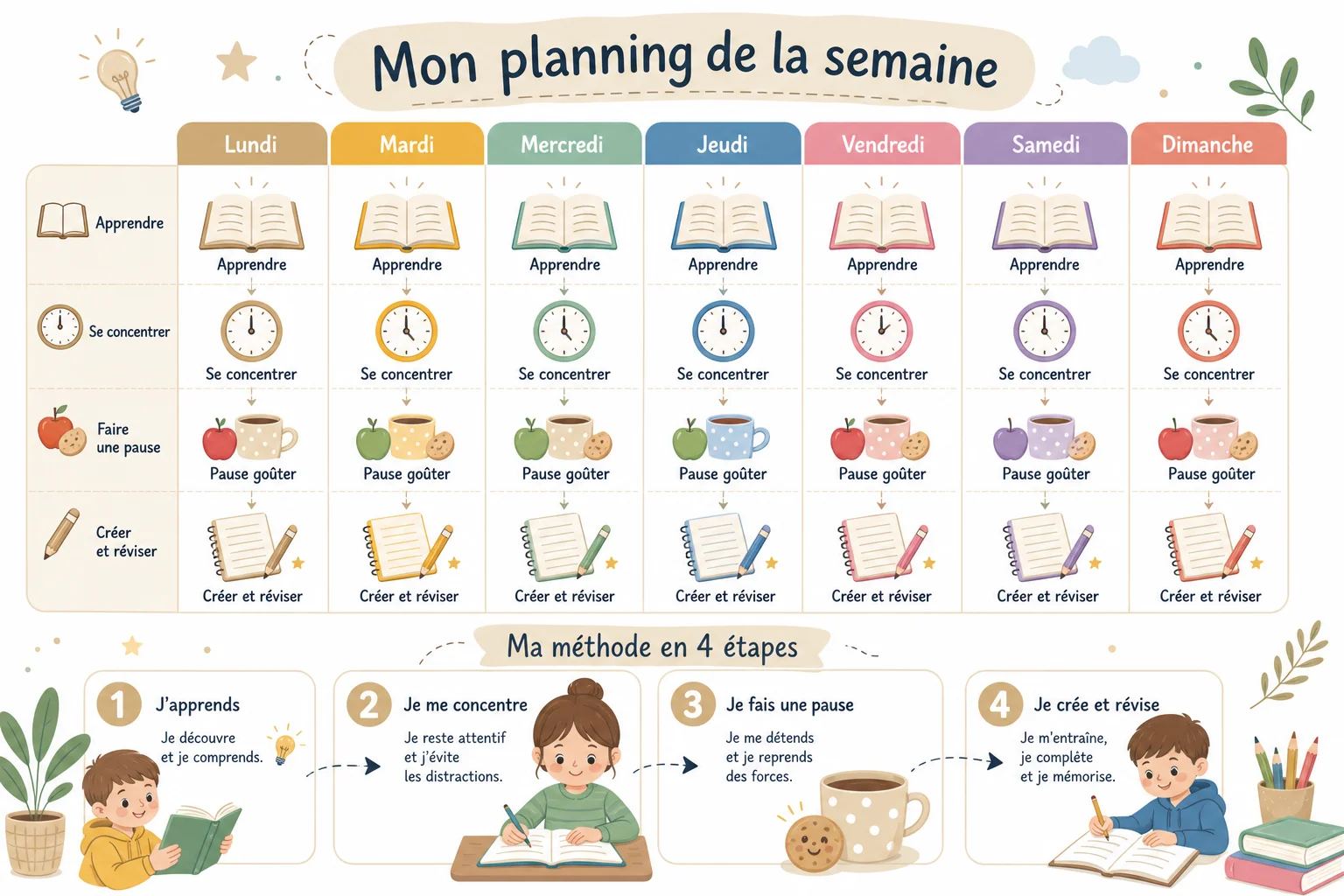 planning visuel pour organiser l'aide aux devoirs de la semaine