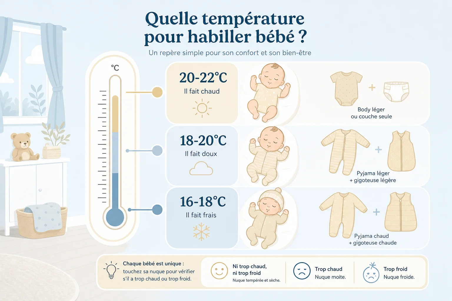 Habiller bébé selon la température de sa chambre Infographie comment habiller bébé pour dormir selon la température de la chambre