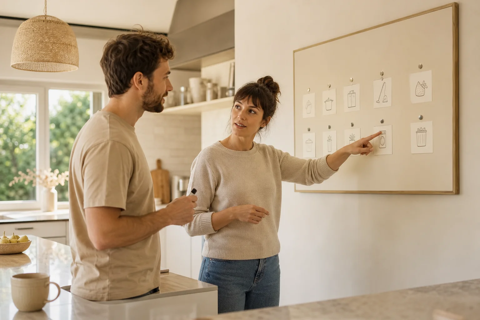 parents répartissant équitablement les tâches ménagères famille