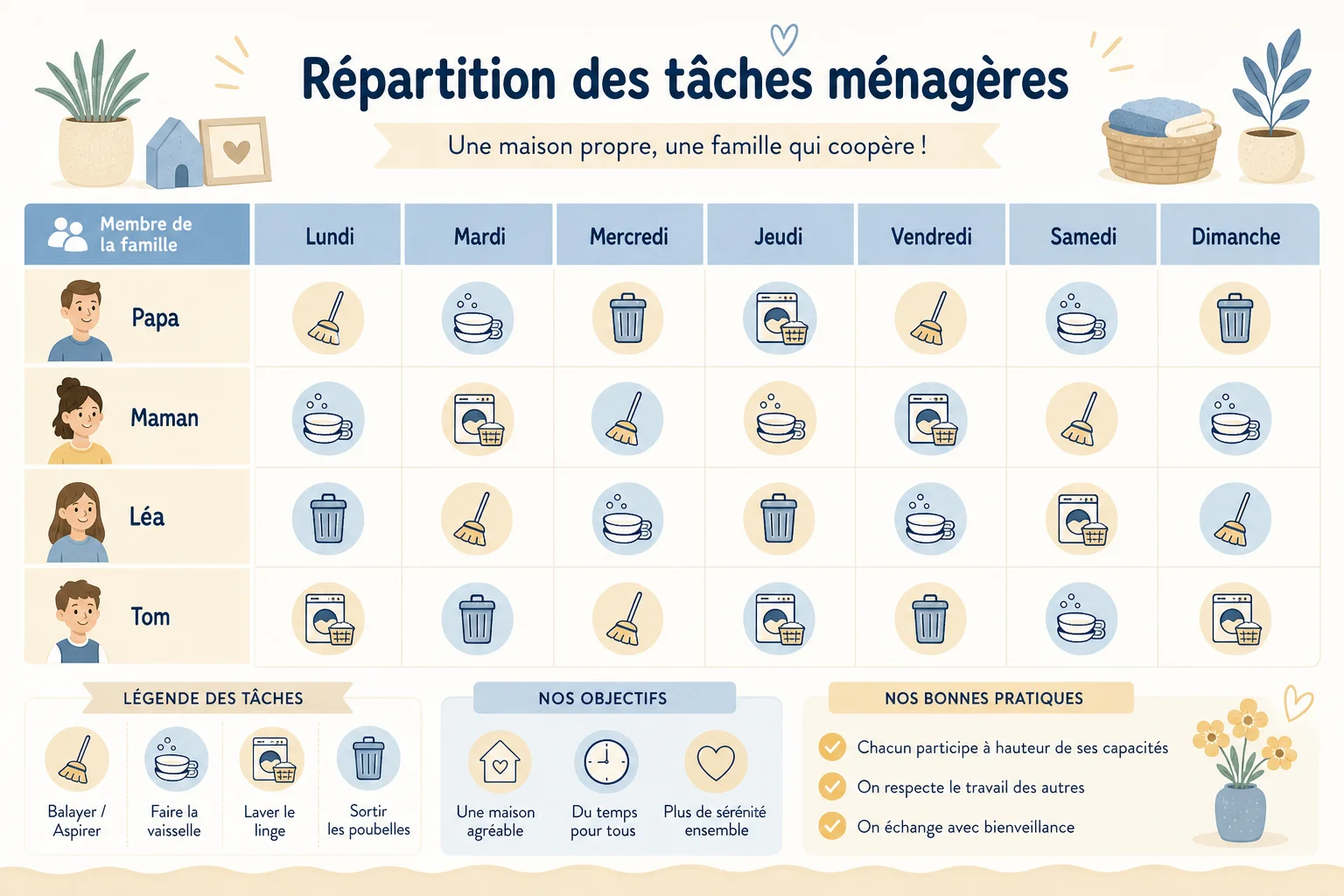 exemple de planning de ménage pour organiser les tâches ménagères famille
