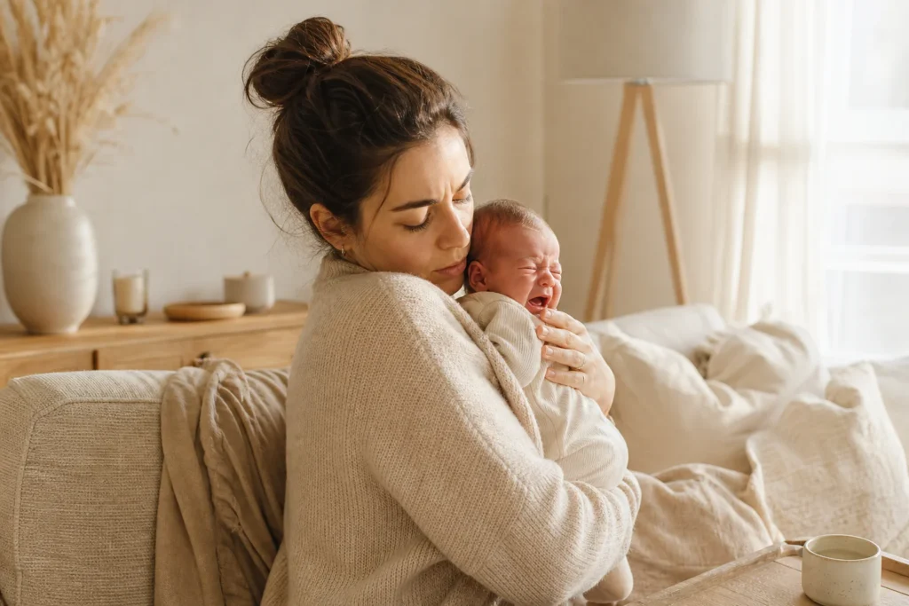 Mère réconfortant son bébé face aux pleurs de bébé à la maison