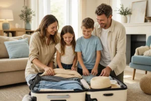 Préparation de vacances en famille avec valises et carnet d'organisation