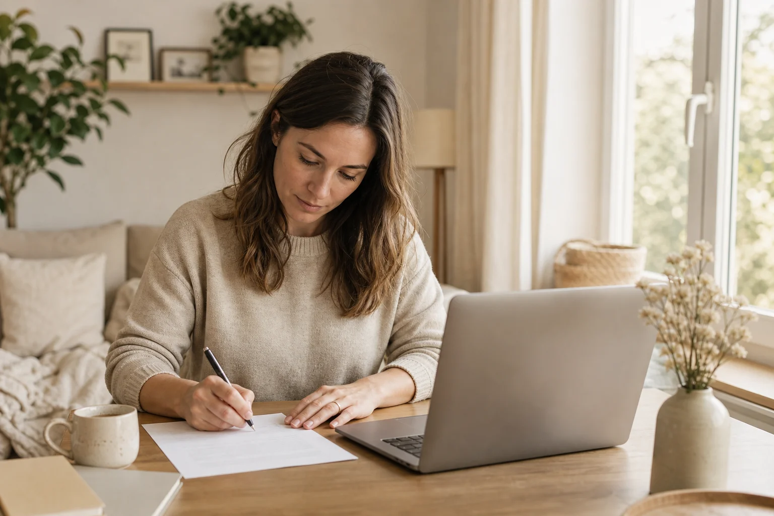Parent rédigeant un modèle de lettre d'autorisation parentale