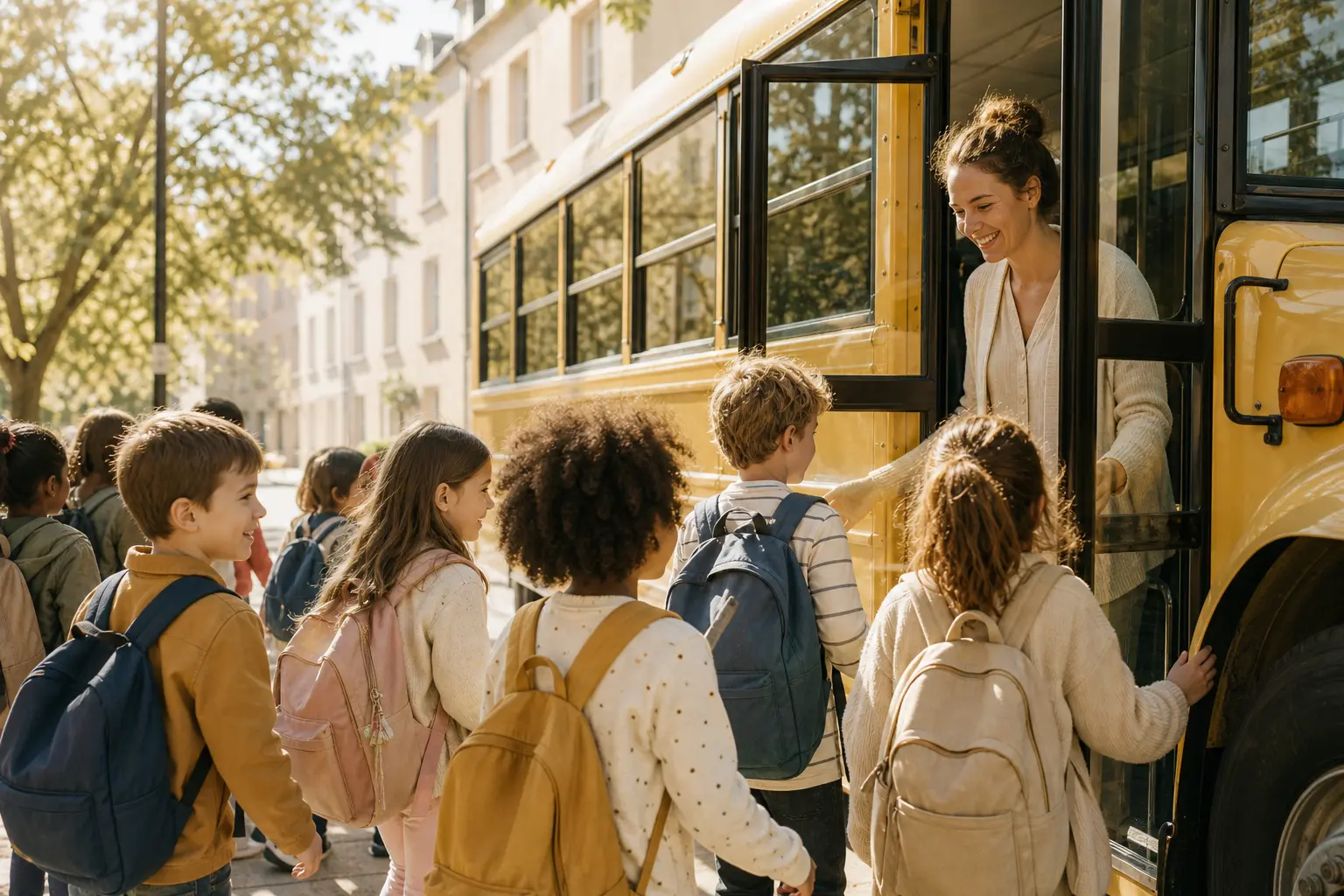 Enfants montant dans un bus lors d'une sortie avec autorisation parentale