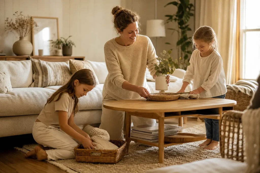 tâches ménagères famille partagées entre maman et enfants dans le salon