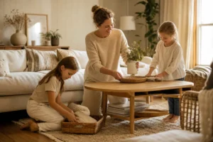 tâches ménagères famille partagées entre maman et enfants dans le salon