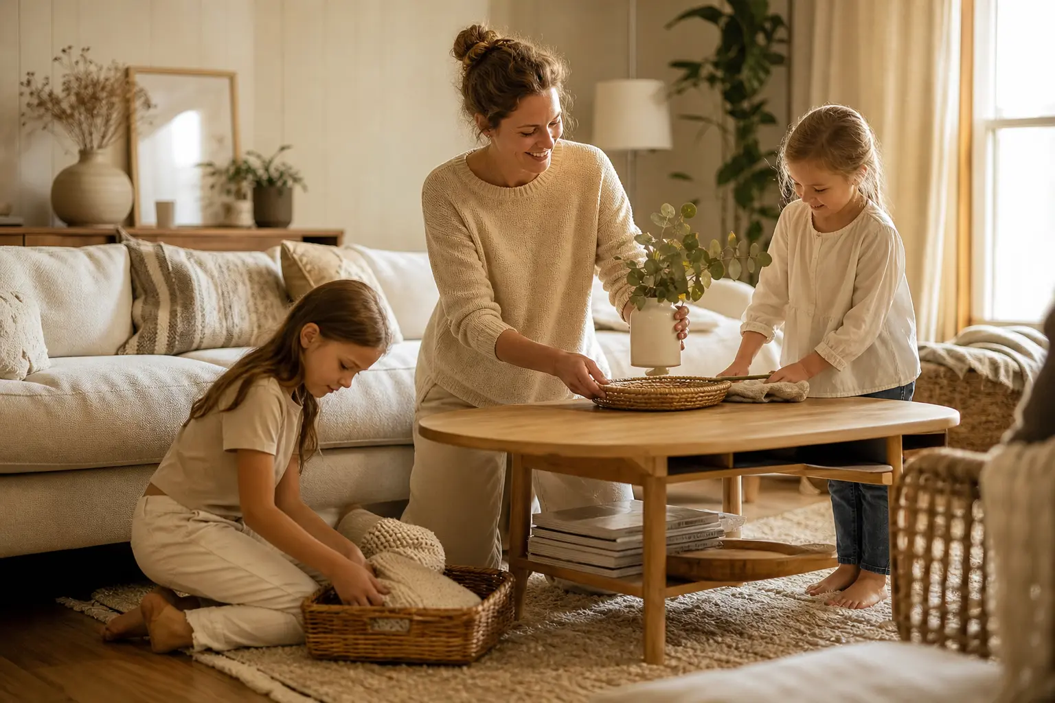 tâches ménagères famille partagées entre maman et enfants dans le salon